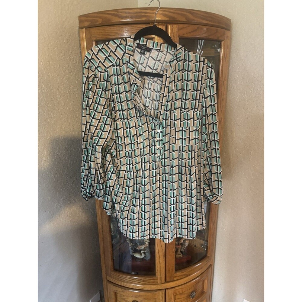 Cocomo Woman Womens 2X Geometric Button Front Blouse Green Black Beige